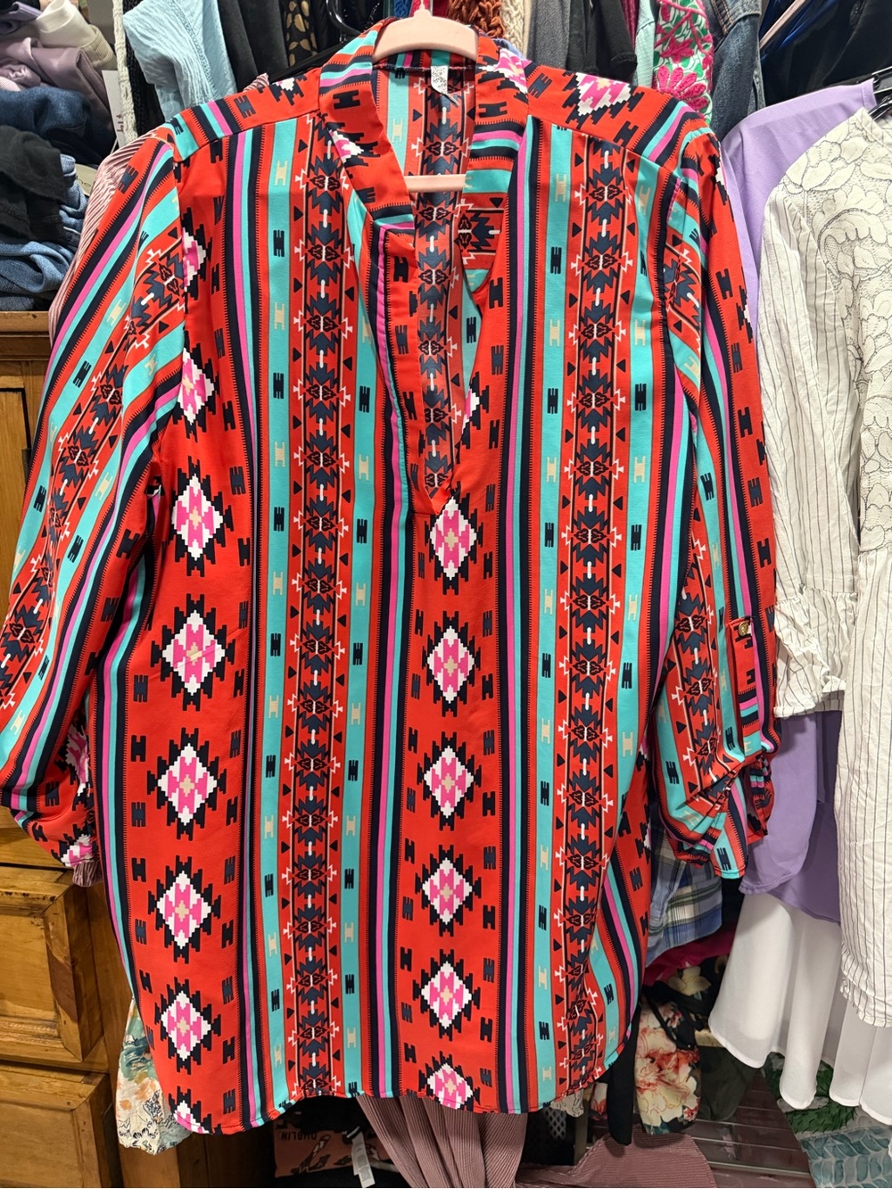 Yahada Red Aztec Stripe Kids Dress with Pink & Teal Accents